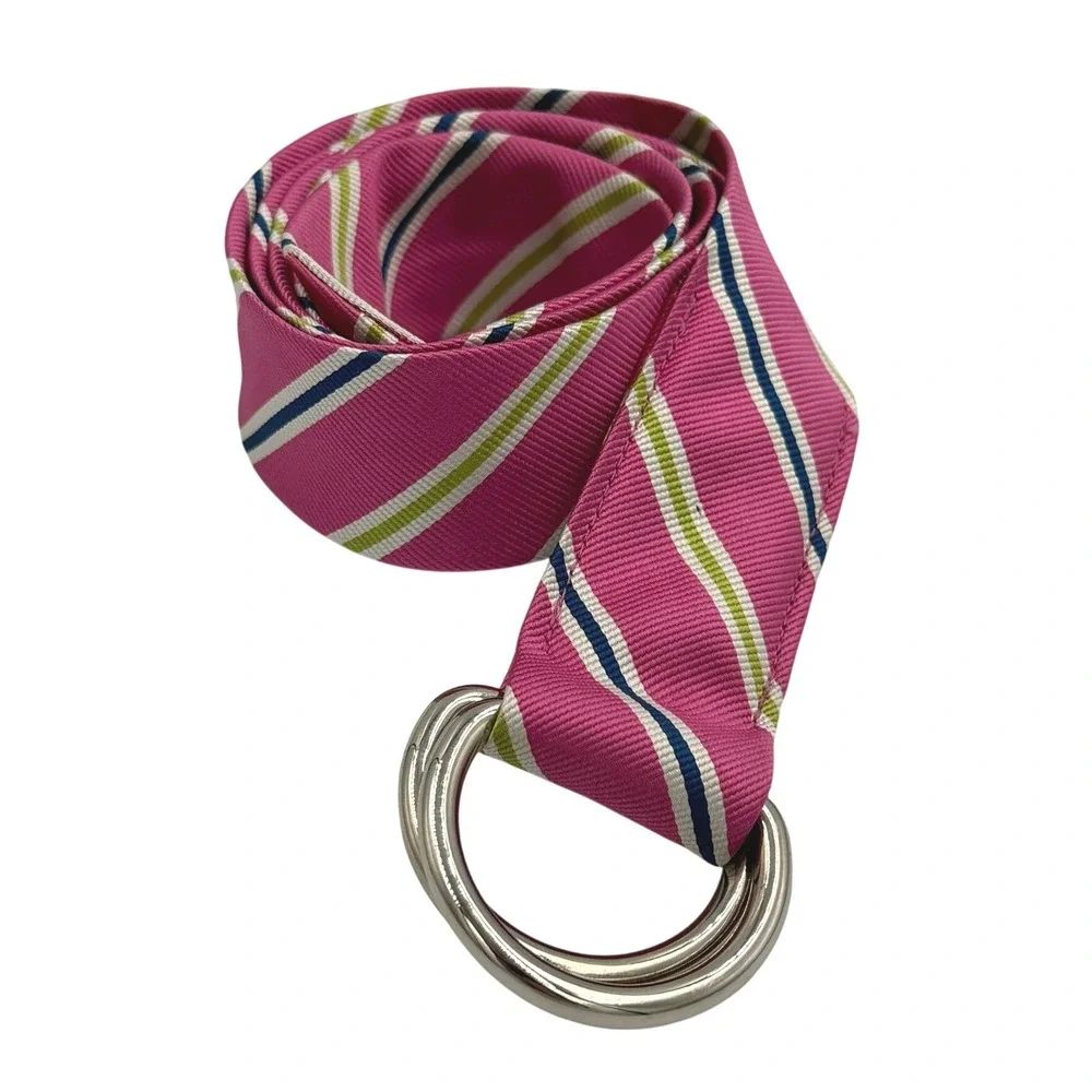 J.Crew Pink Striped 100% Silk D-Ring Belt Silver Hardware Womens S/M Preppy